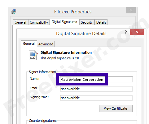 Screenshot of the Macrovision Corporation certificate